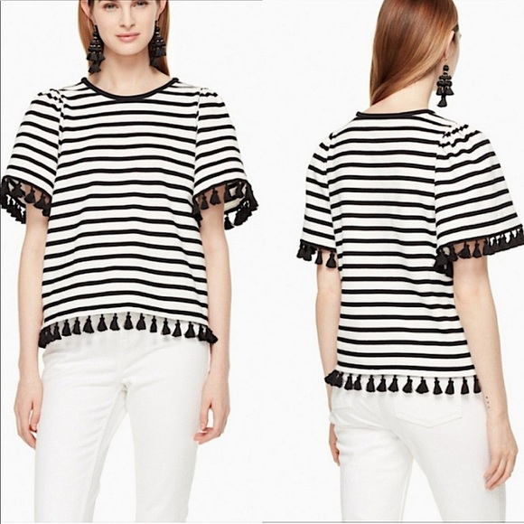 Kate Spade Broome Street Black White Striped Flutter Sleeve Tassel Top XS - Picture 1 of 12